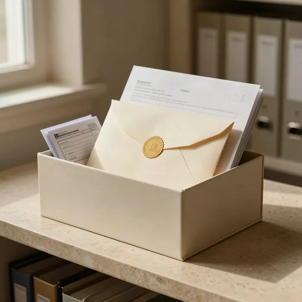 Resolved IRS response kit with archive box, notice sleeve, and sealed envelope on a warm stone shelf.