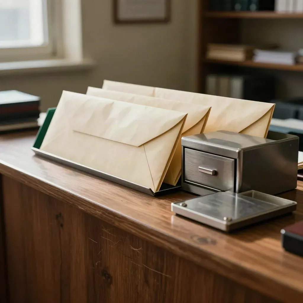 Tax office counter with four payment envelopes, cash drawer insert, and ledger block in moody light