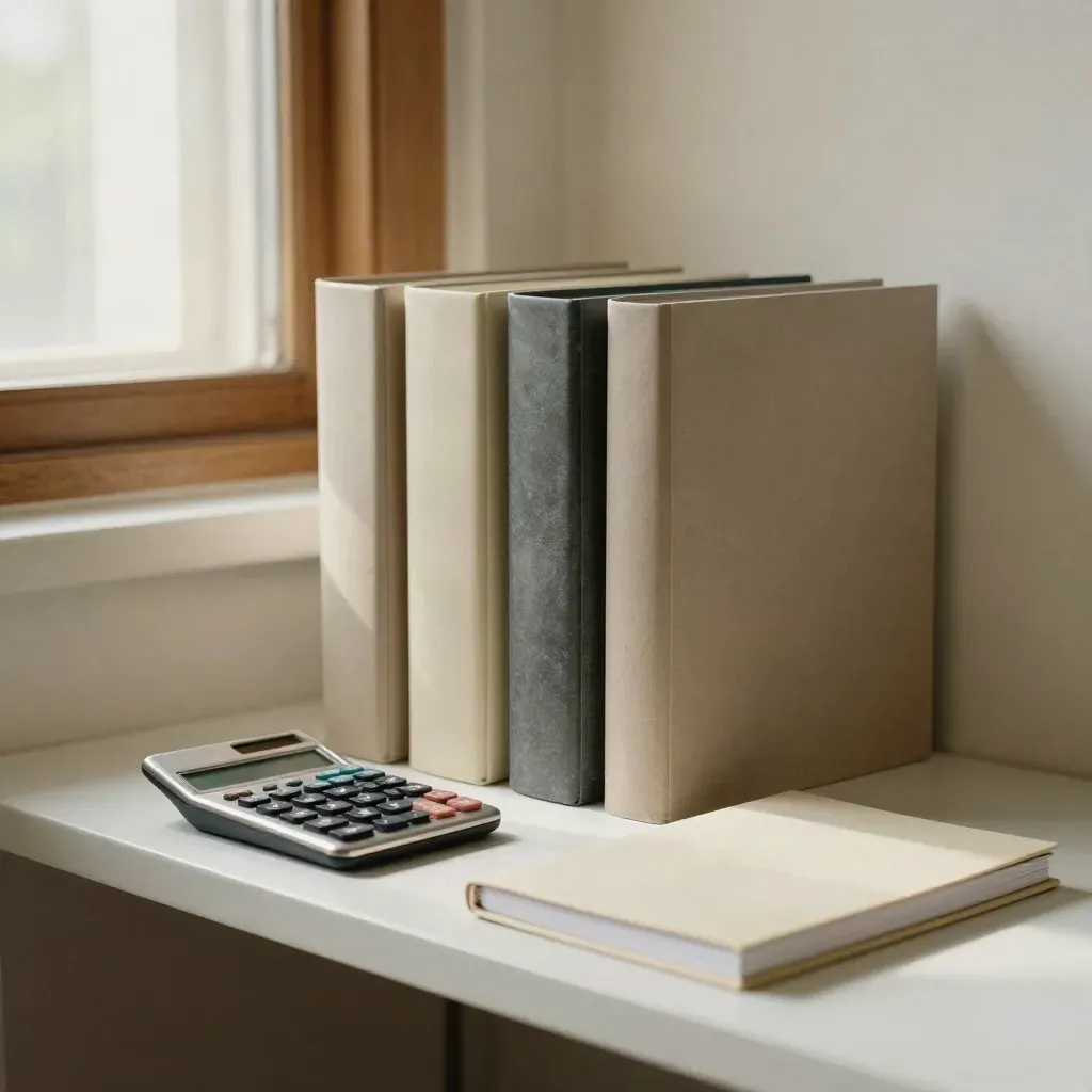 Folders, calculator and memo book arranged on a sunlit shelf with soft window shadows.