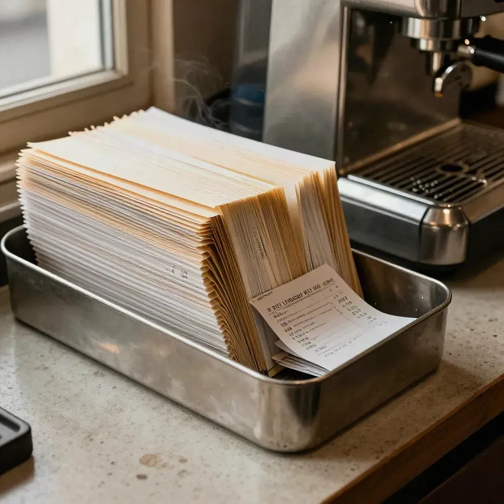 Extreme macro of payroll filing sleeves settling in a stainless tray beside an espresso machine.