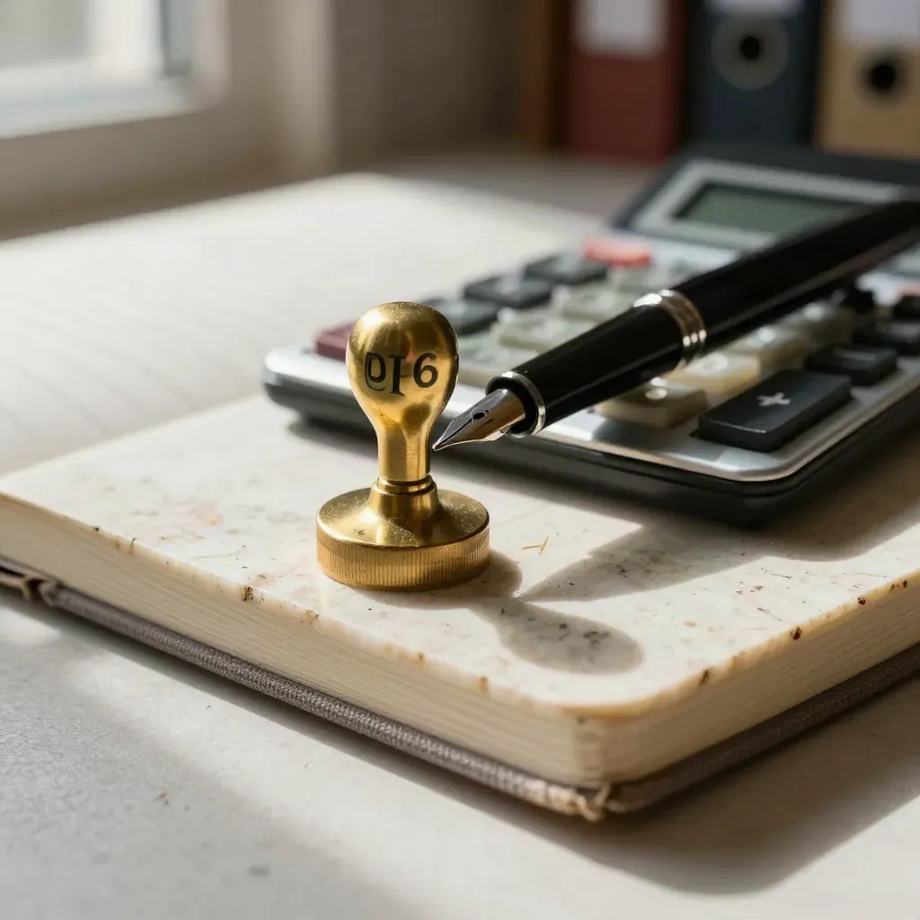 Macro still life of a calculator, brass date stamp, fountain pen and ledger on pale stone.