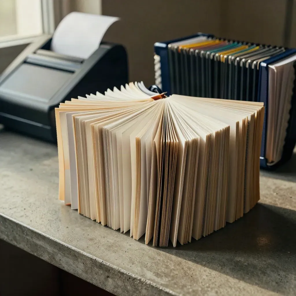Accordion tax archive, receipt scanner base, and divider tabs on concrete, side-lit in close texture.