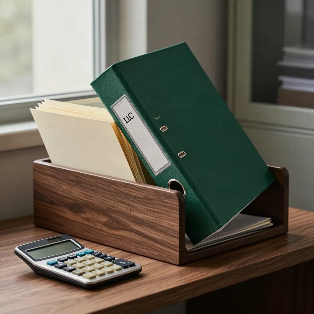 Walnut shelf still life of tax files, calculator and binder in dramatic side light.