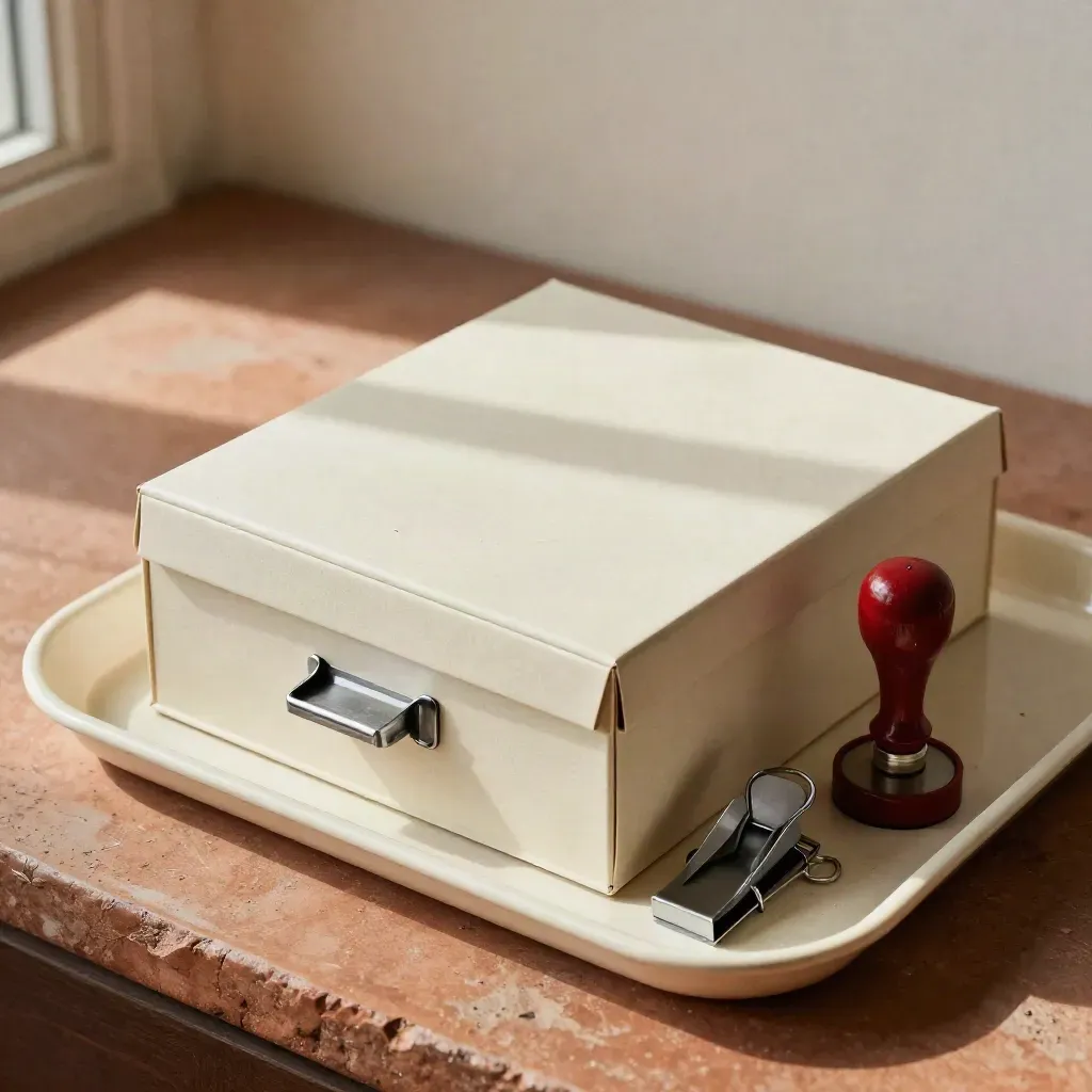 Overhead still life of tax filing tools on a tray, archive box centered under soft daylight.
