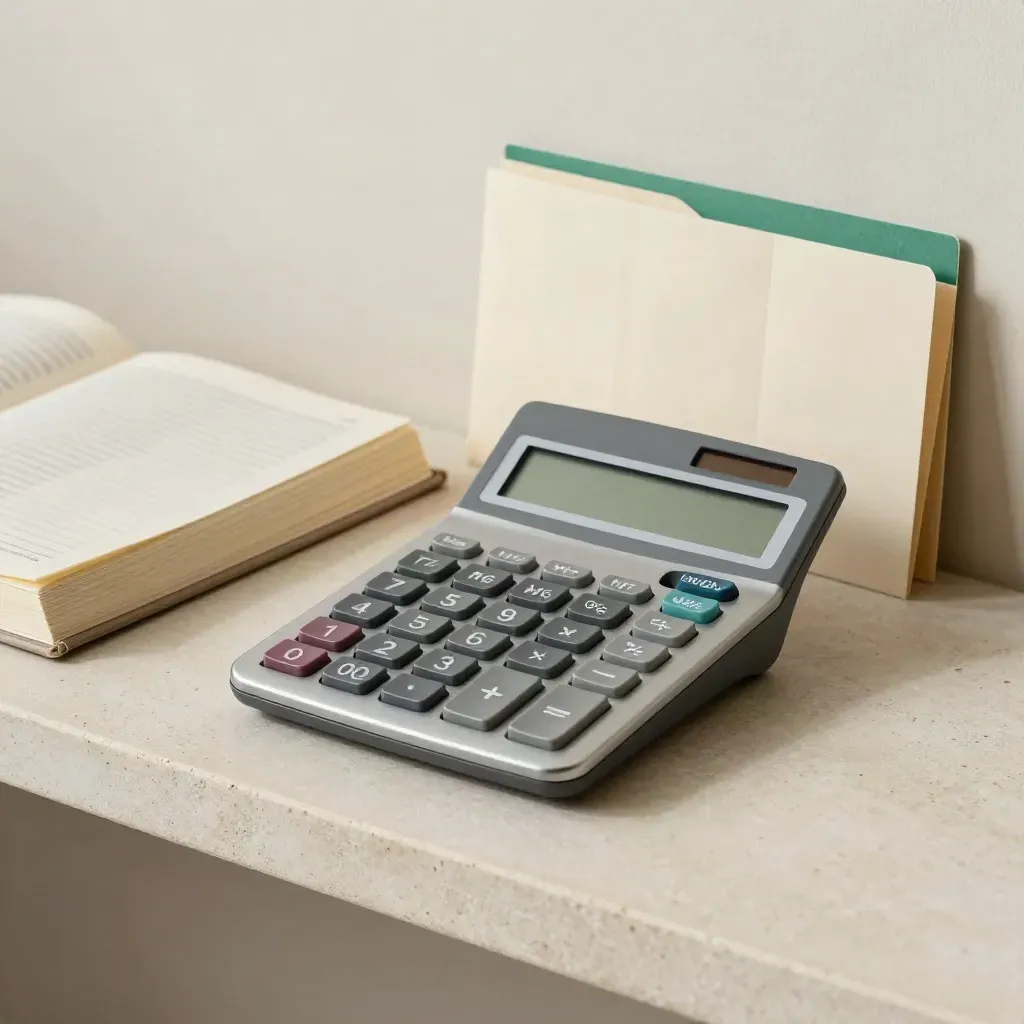 Calculator, closed ledger, and blank folder tabs on a stone shelf with soft side light.