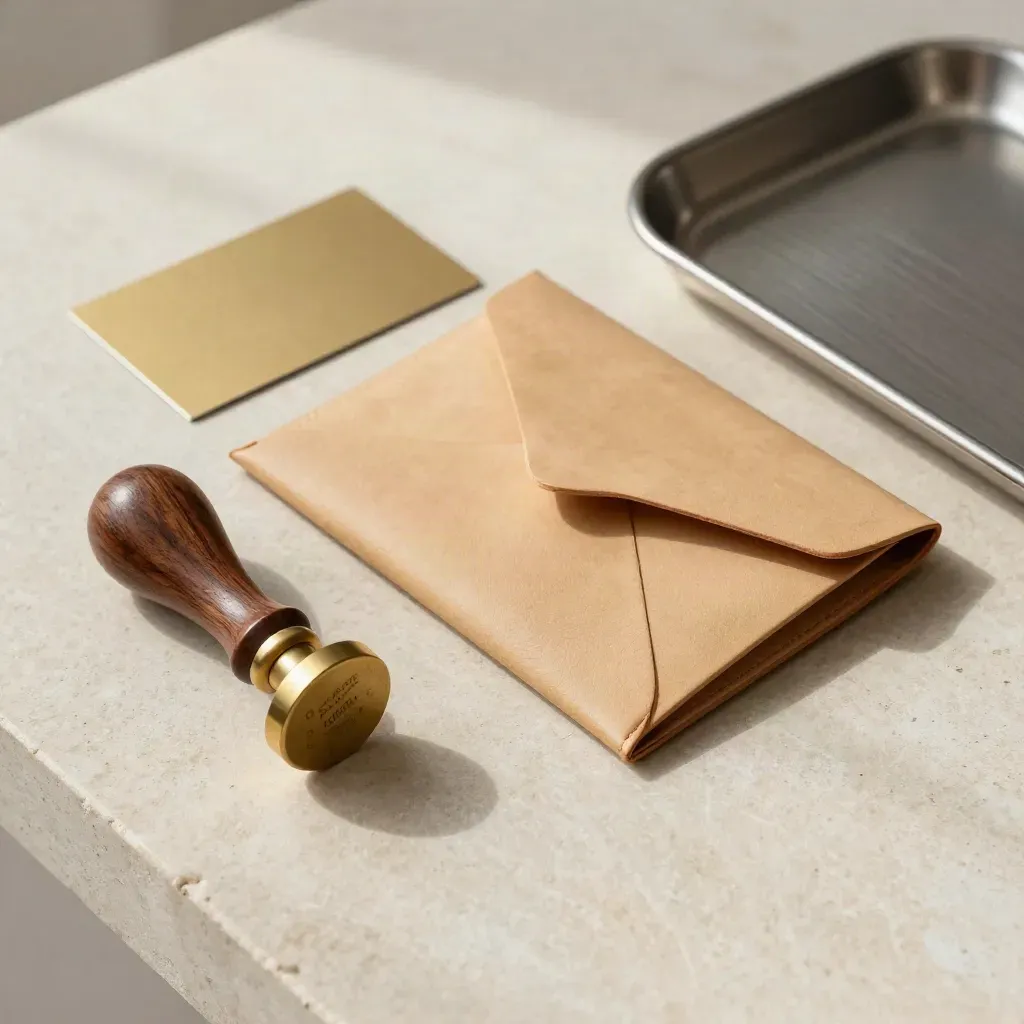 Brass date stamp, sealed envelope wallet and outgoing tray on pale stone overhead.