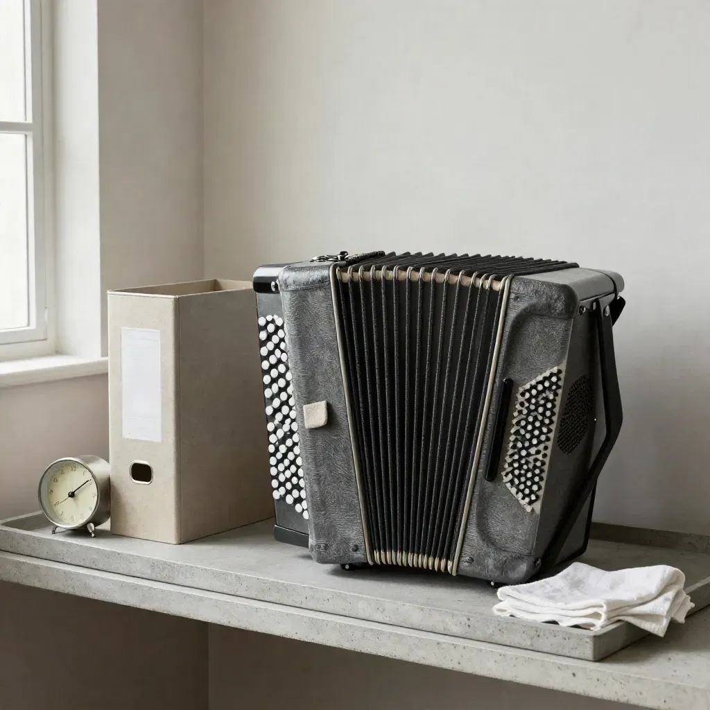 Accordion archive, file box and clock on a concrete tray for next-quarter filing.