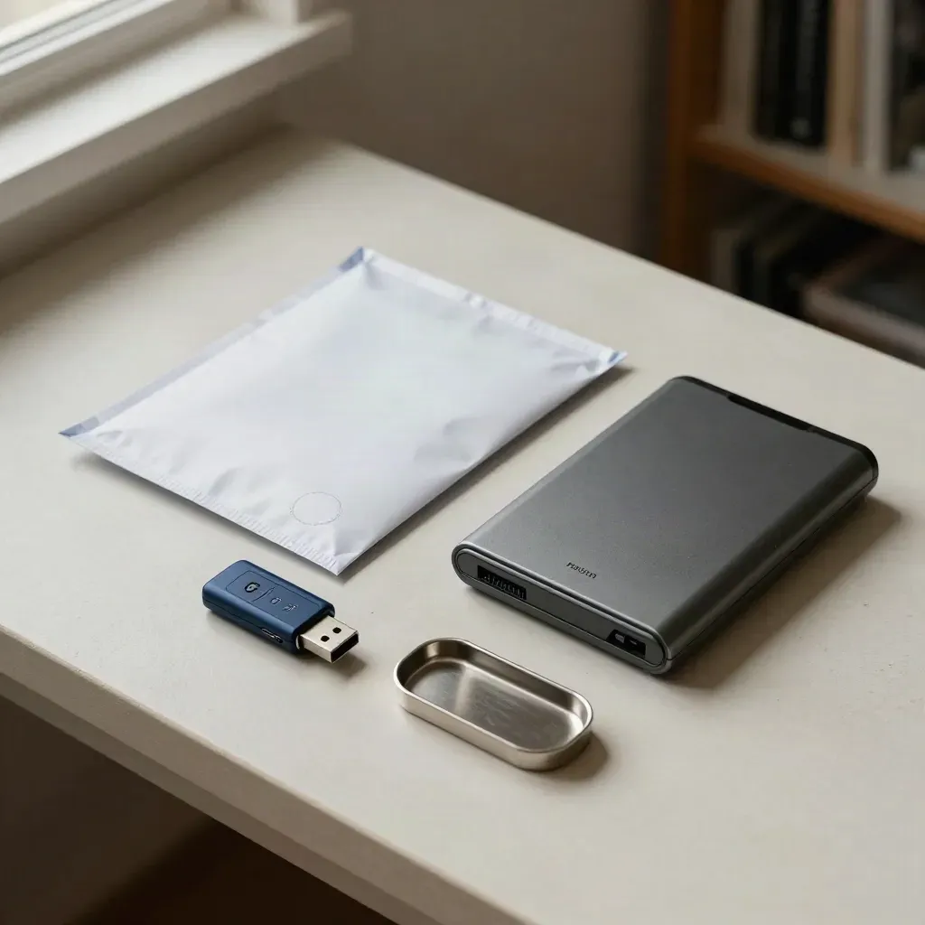 Encrypted USB key with tamper-evident mailer and scanner lid on a pale counter