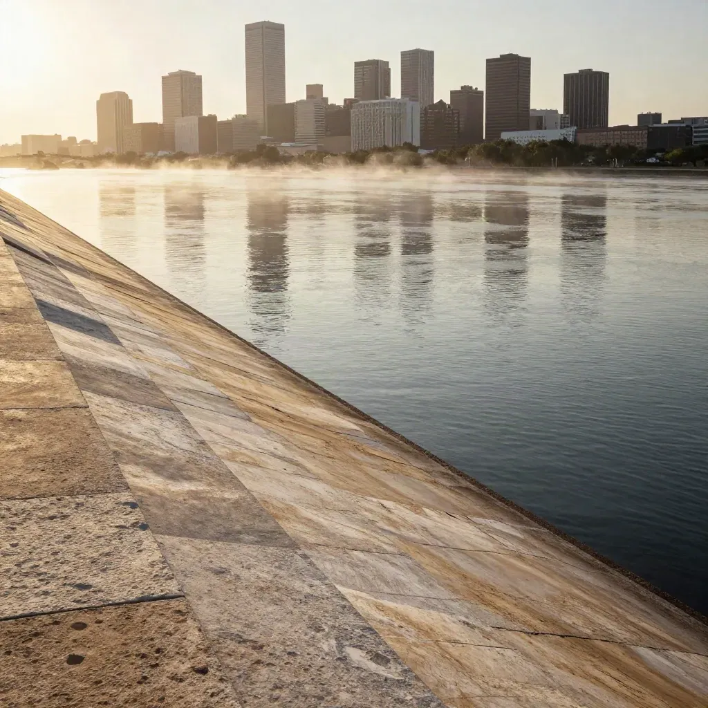 Houston skyline above bayou water and limestone embankment in warm haze