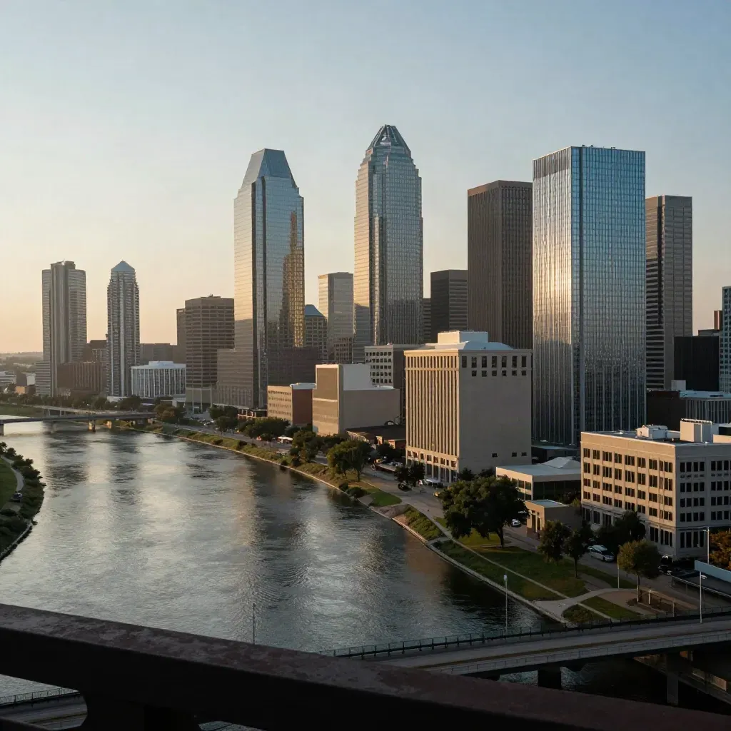 Dallas–Fort Worth skyline above the Trinity River at blue hour