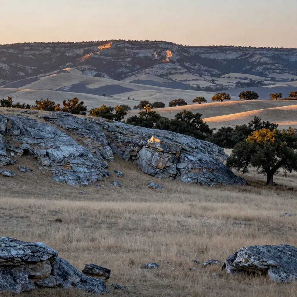 Central Texas hills and live oaks above a hazy quiet valley at golden hour