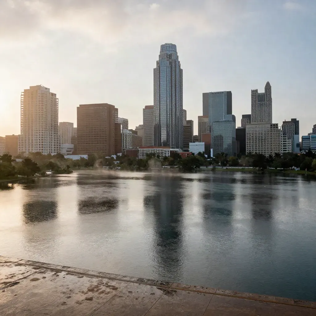 Austin skyline over Lady Bird Lake in soft post-rain haze, warm dawn light, calm water bands
