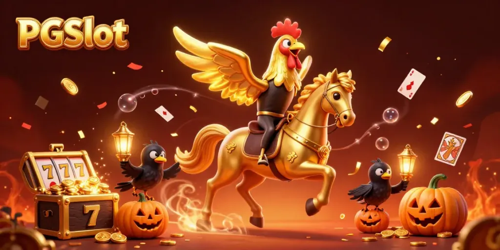 Spin to win with PGSlot featuring a golden rooster and vibrant casino elements.