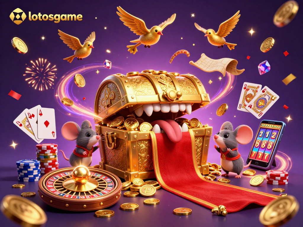 Engage with the thrill of slot machine wins at lotosgame, featuring dynamic scenes of treasures and gameplay.