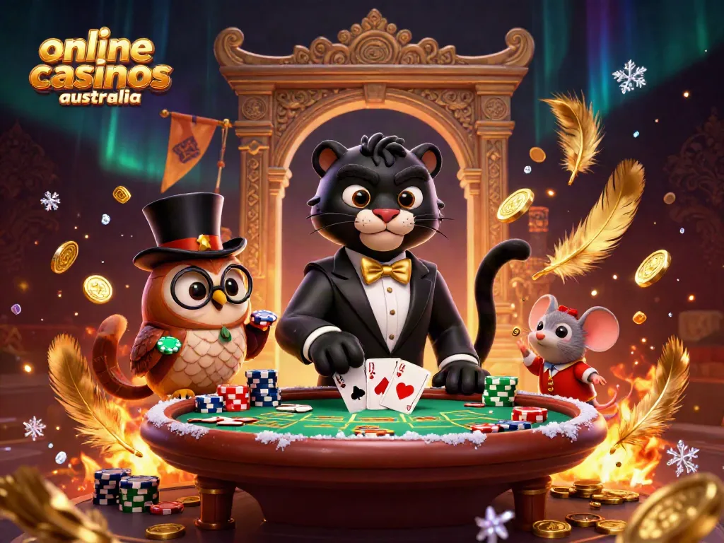 Dynamic scene showcasing online casinos Australia with a stylish panther, owl, and lucky mouse amidst vibrant gaming elements.