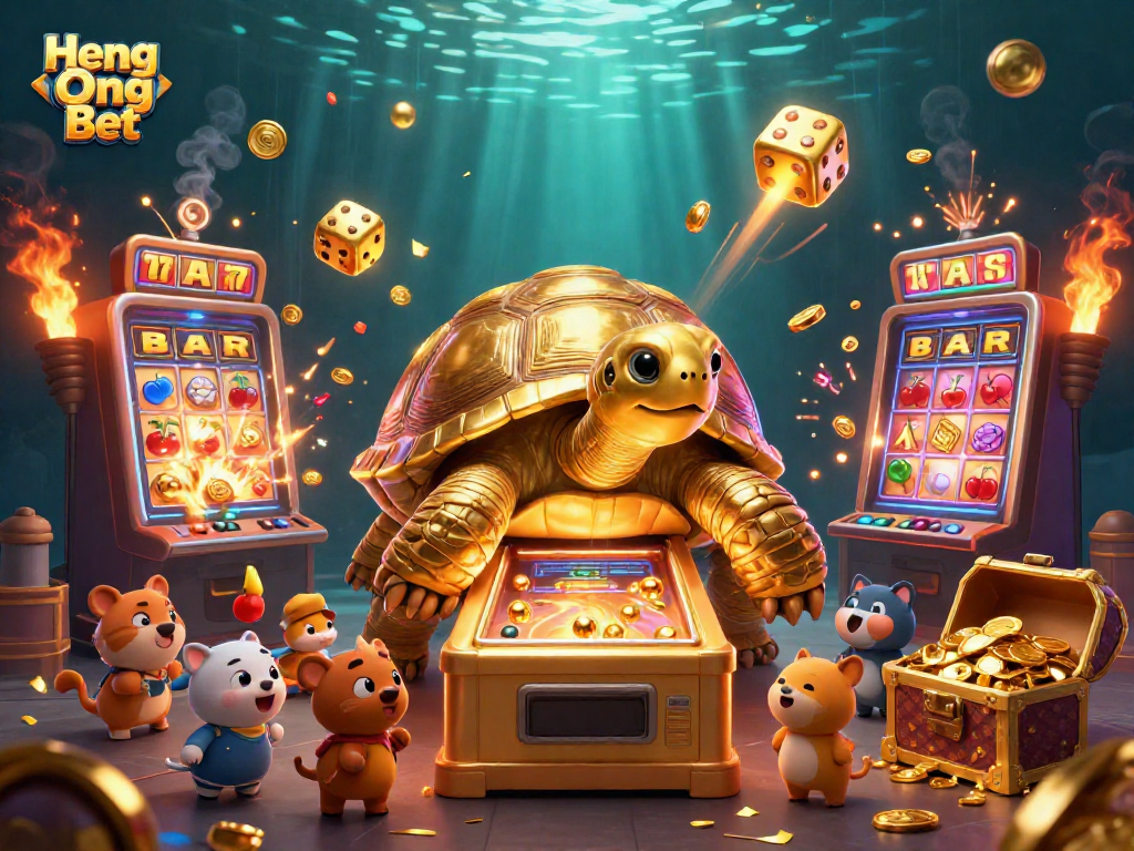Experience thrilling wins at Heng Ong Bet with a captivating golden tortoise slot scene and exciting casino elements.