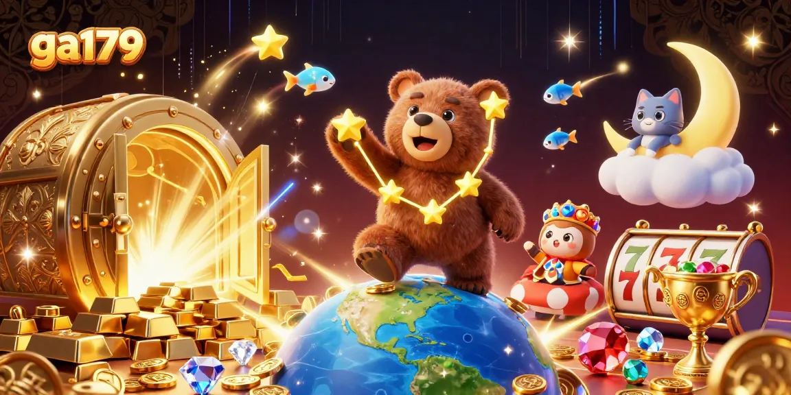 Engage with ga179's vibrant casino scene featuring golden treasures and animated characters.