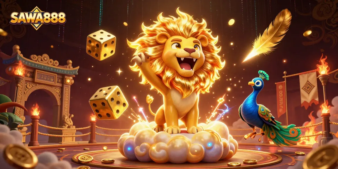Experience thrilling wins with SAWA888's vibrant 3D casino illustration showcasing lively characters and game elements.