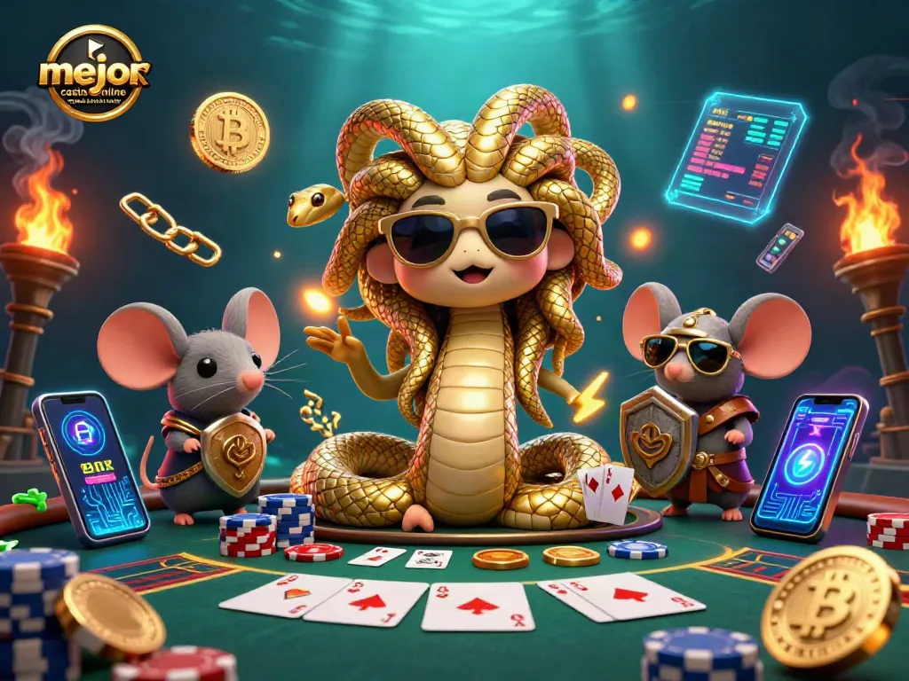 Mejor casino online España poker online en una ilustración digital juguetona centrada en Medusa y un ratón guerrero, con elementos de póker y criptomonedas.