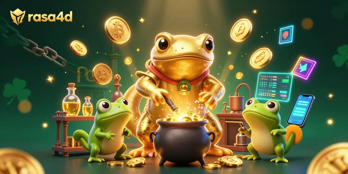 Gambarlah strategi menang di rasa4d dengan alchemist emas dan koin crypto yang bersinar.