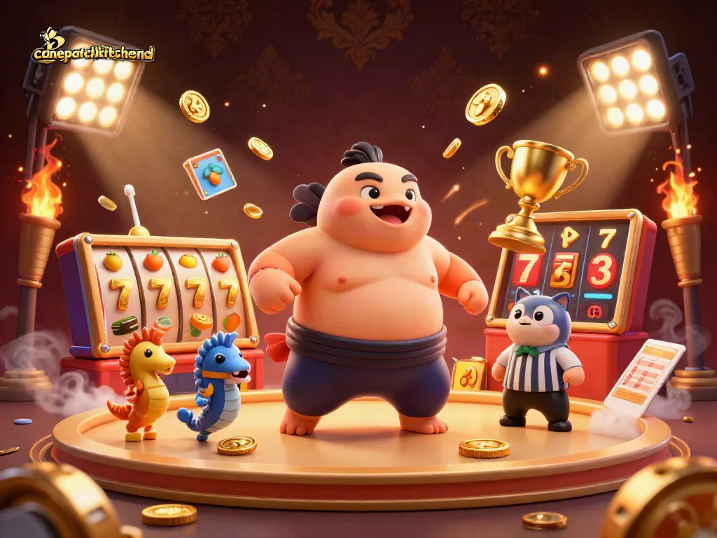 Engage with canepatchkitchensd's vibrant gaming scene featuring dynamic slot reels and celebrating characters.