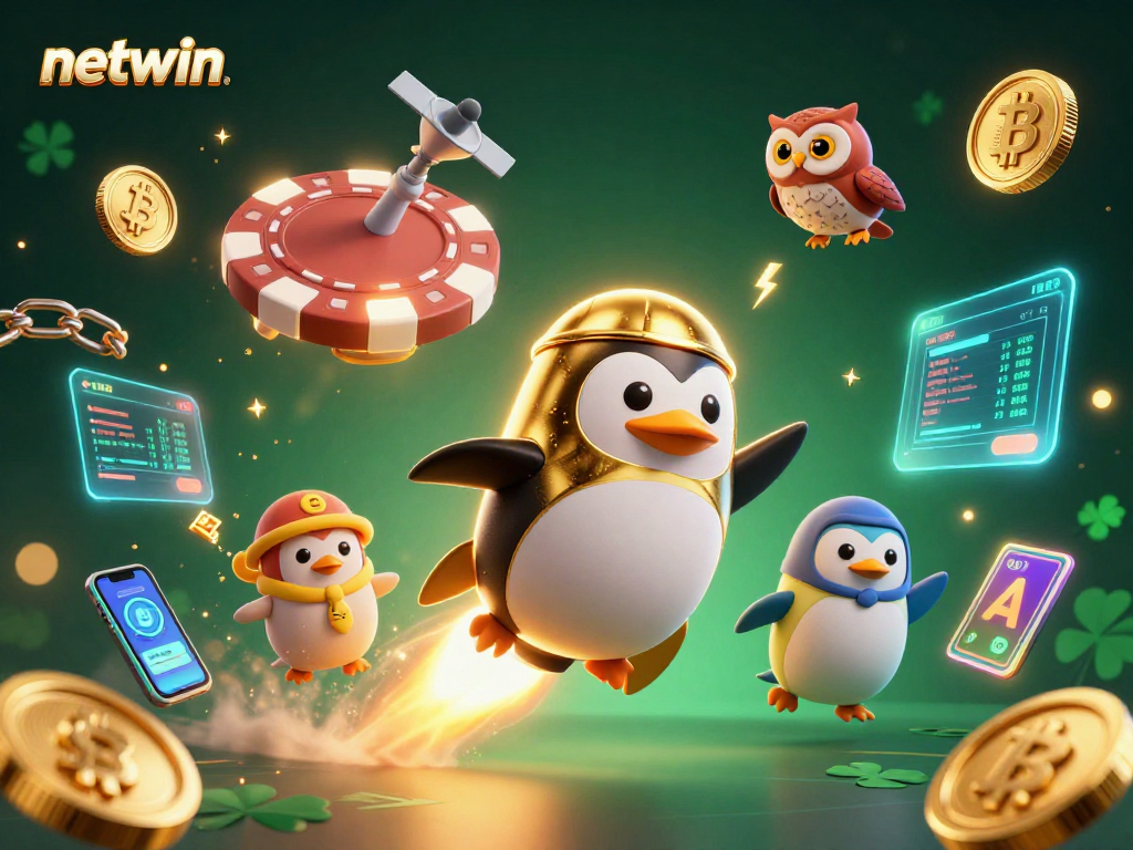 Experience the thrilling world of netwin with a rocket-powered penguin in a vibrant casino cosmos.