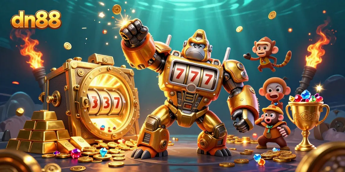 Experience thrilling wins with dn88 in an action-packed scene featuring golden gorilla mech and treasures.