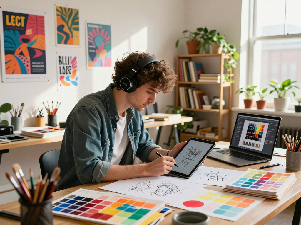 The creative workspace of a graphic designer featuring vibrant colors, the design process, and artistic elements focused on mantra88 inspiration.