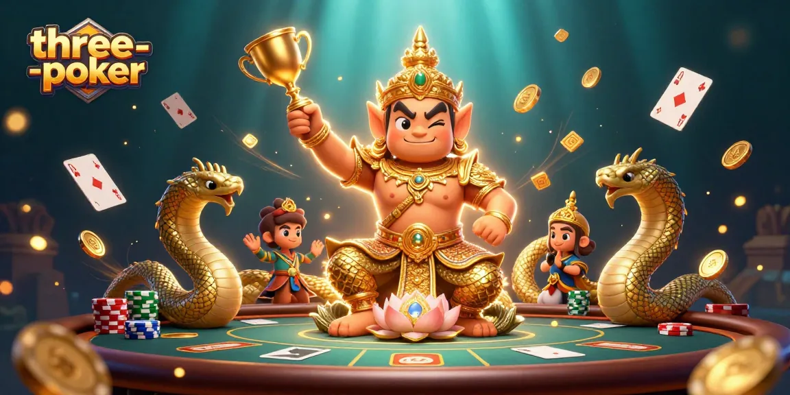 Engage in three-card-poker with captivating characters and dynamic poker elements surrounding a vibrant scene.