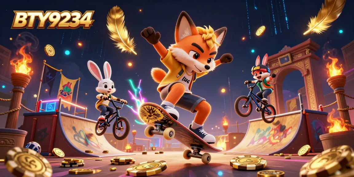 Experience thrilling action with BTY9234 featuring a skateboard fox and BMX rabbit in a vibrant casino-themed scene.
