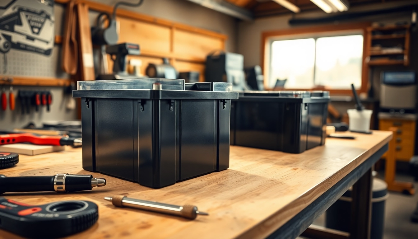 Highlighting high-performance lithium golf cart batteries with tools on a workshop bench.