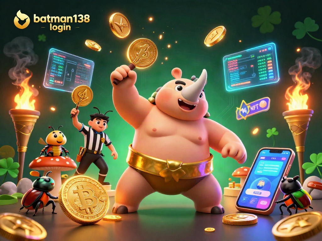 Engage with batman138 login to access exclusive gaming action featuring a beetle champion and vibrant crypto elements.