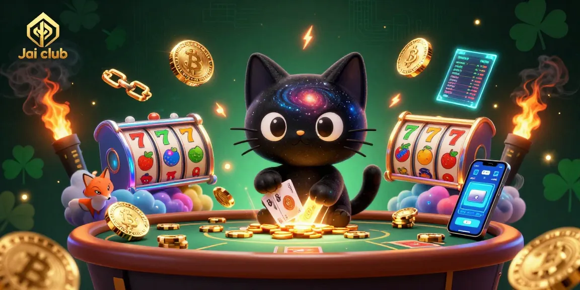 Engage with Jai club for thrilling slots action featuring a black hole cat and cosmic elements.