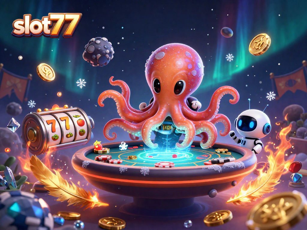 Engage with slot777 vibrant gaming experience featuring an alien octopus at a holographic table.