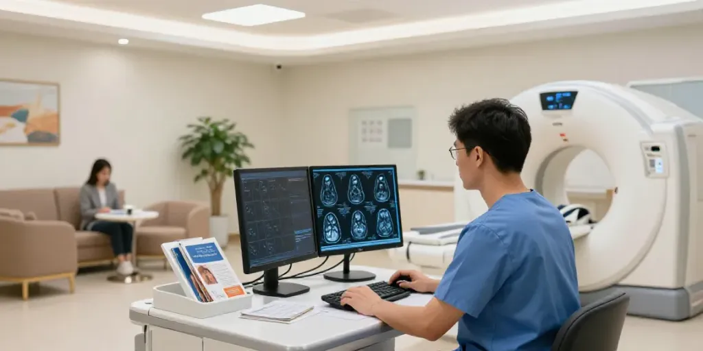 Professioneller Radiologe in Wolfsburg analysiert MRT-Scans in moderner Diagnostikumgebung.