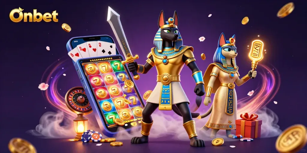 Engage in thrilling slot games with Onbet's vibrant scene of Anubis and Bastet amidst spinning reels.