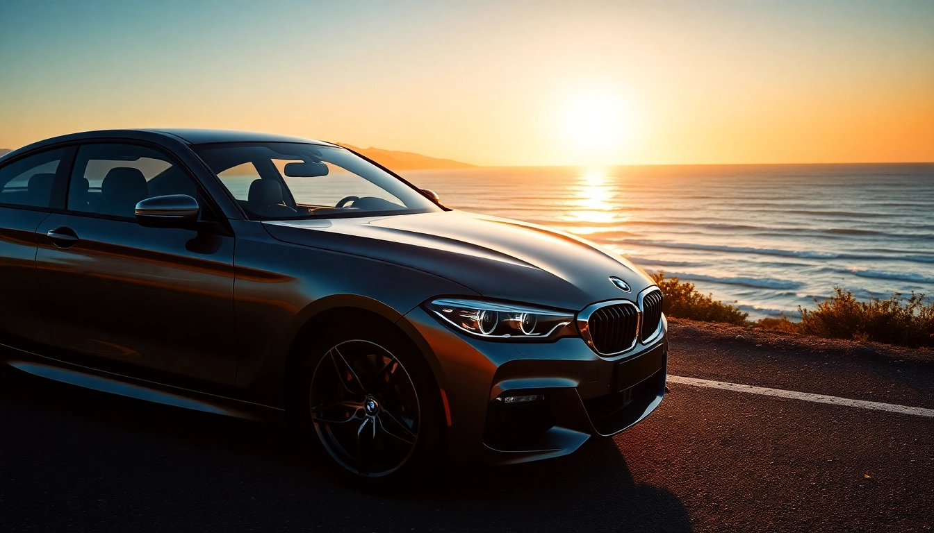 Luxury BMW car showcased against a stunning sunset backdrop highlighting its sleek design.