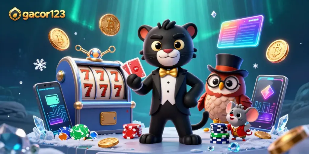 Play exciting games on gacor123 featuring a stylish black panther, owl, and mouse amidst vibrant casino elements.
