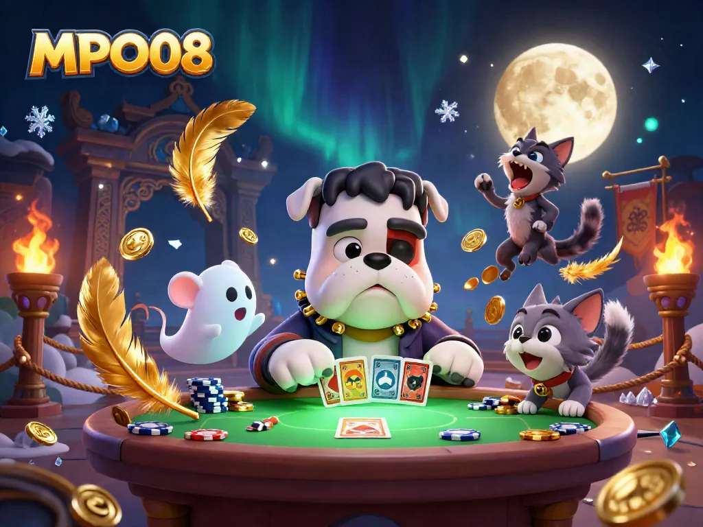 MPO08 engages players with a thrilling card game scene featuring a Frankenstein bulldog dealer.