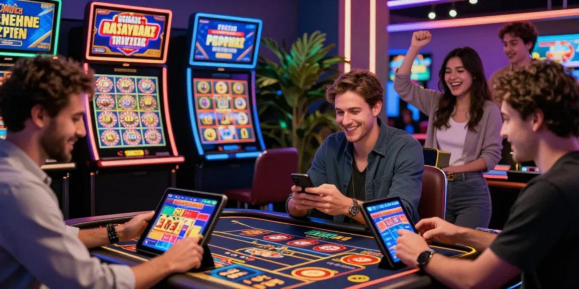 Expérience du casino en ligne avec joueurs célébrant leurs victoires et interagissant sur différents appareils dans un environnement vibrant.