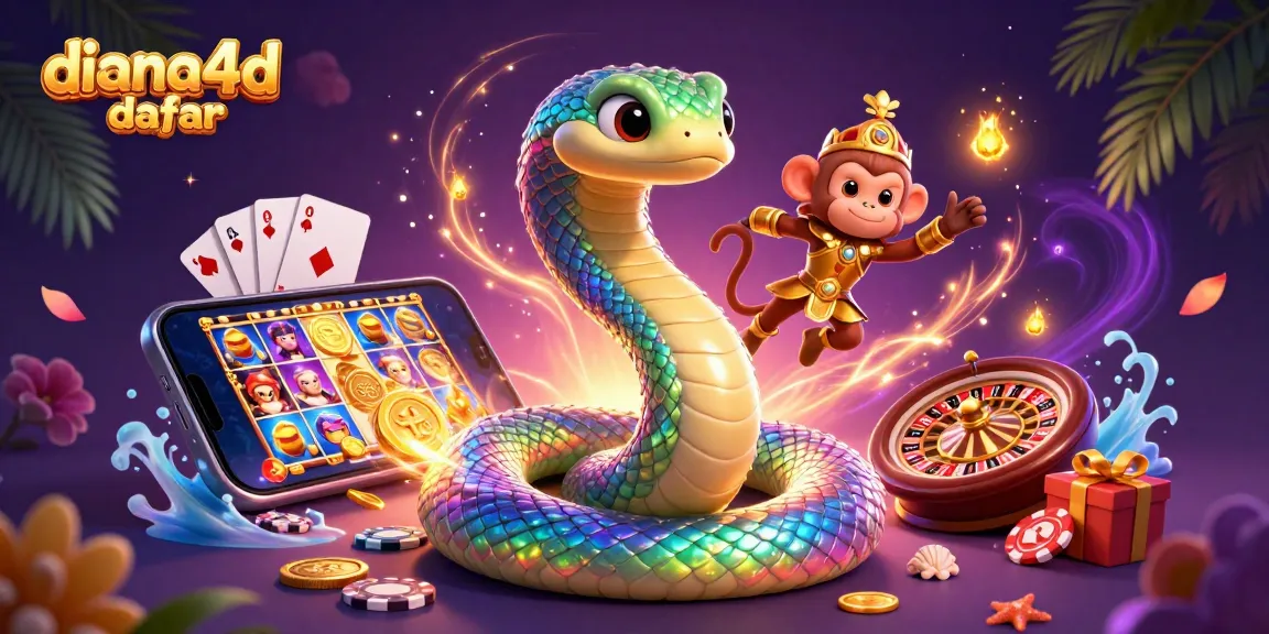Dive into diana4d daftar: a vibrant illustration of a playful monkey king and a rainbow serpent in a magical casino.