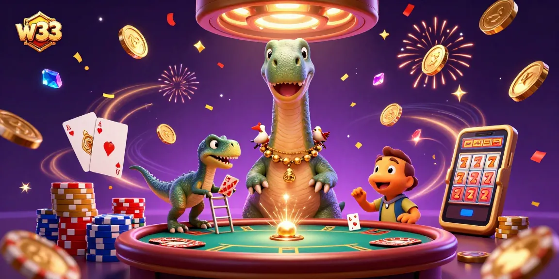 Experience thrilling w33 pokies action with vibrant 3D characters in a dynamic casino scene.