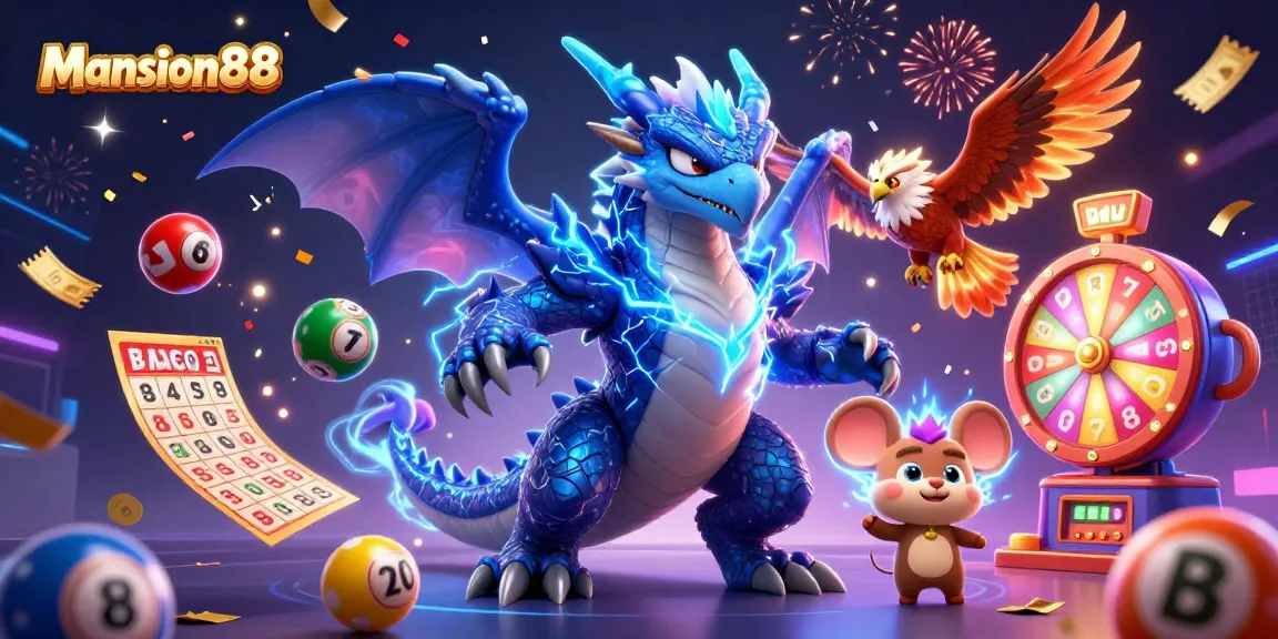 Mansion88 offers thrilling lottery games with a dynamic scene of vibrant lottery balls and exciting elements.