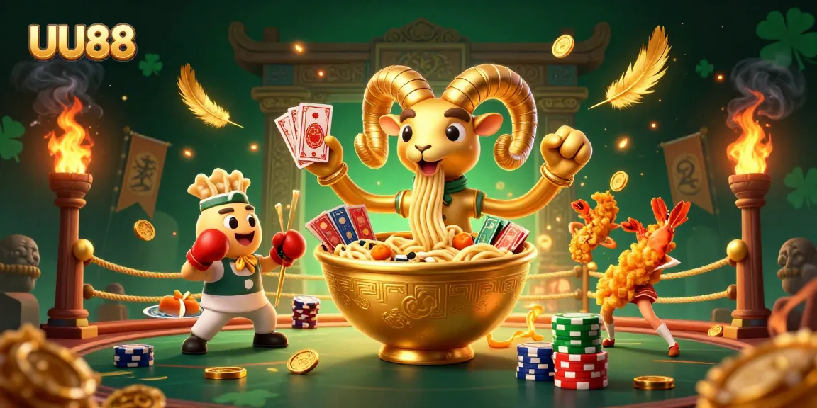 Join the excitement at UU88 with vibrant casino-themed characters and golden elements, promoting a thrilling gambling experience.