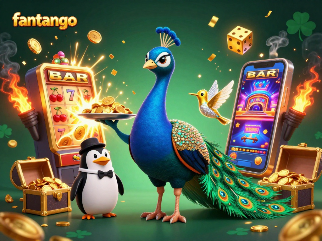 Win big at fantango with a vibrant 3D casino scene showcasing characters, slot machines, and gold!