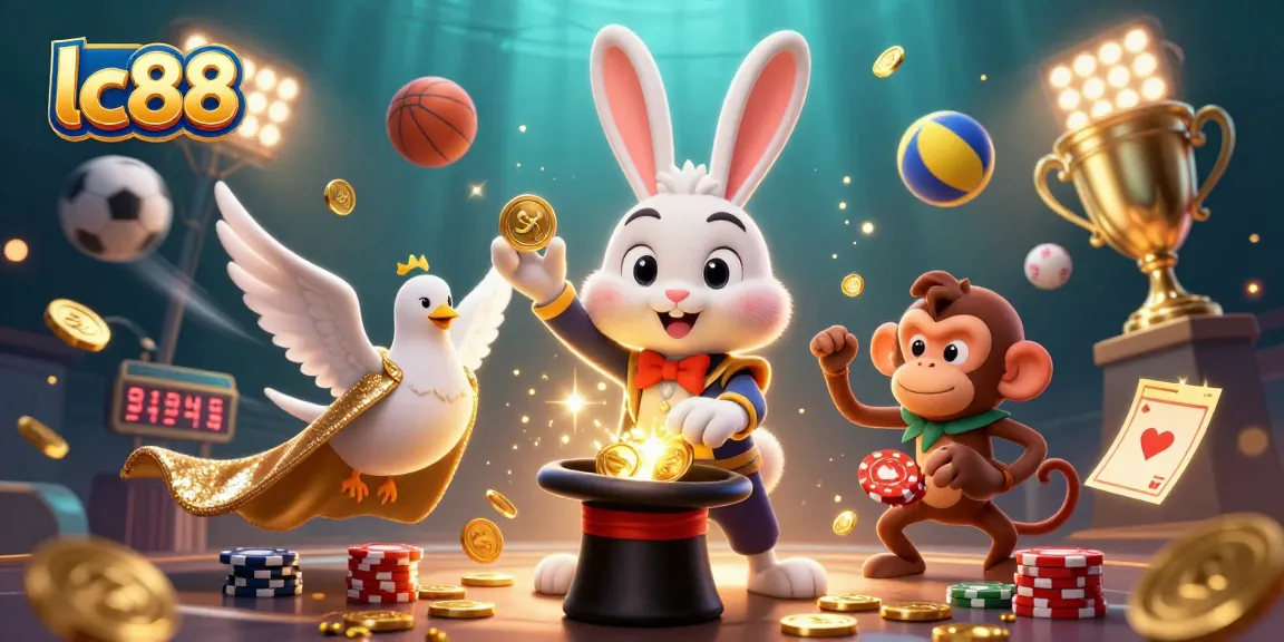 Experience thrilling games with lc88, where a magician rabbit, dove, and monkey enhance casino excitement.