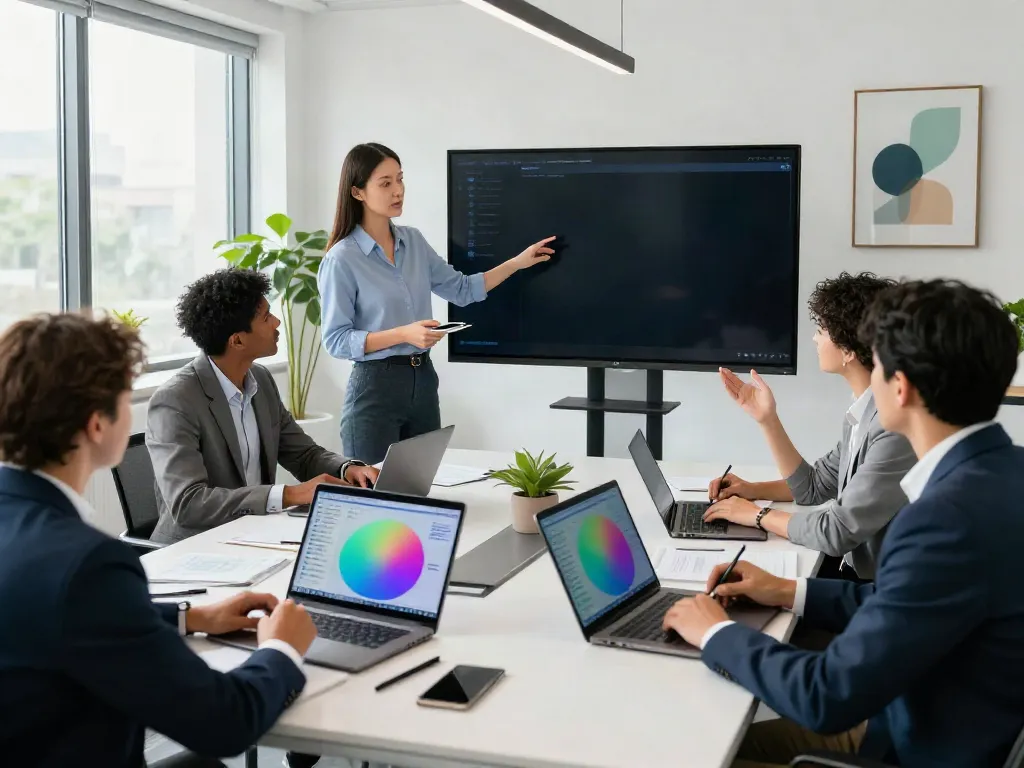 Business professionals collaborating on bpinetempresas strategies in a modern office.