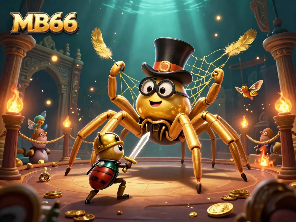 Experience the thrilling world of MB66 with a giant golden tarantula weaving a web of fortune among casino pillars.