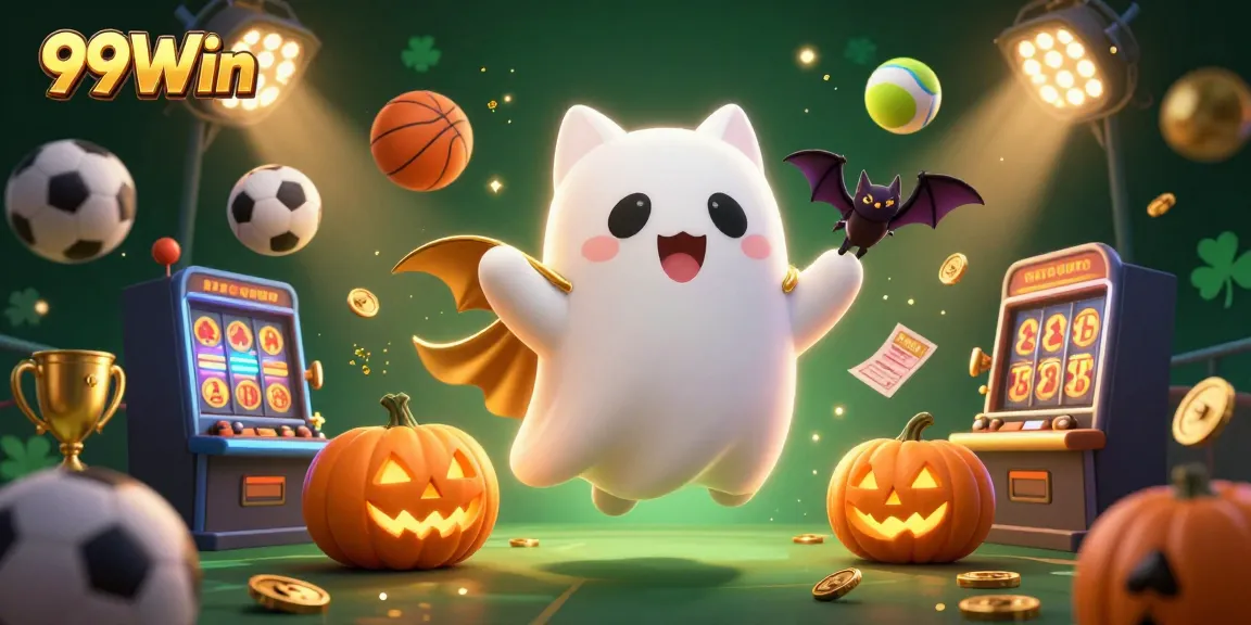 Experience thrilling gaming with the playful 99Win ghost cat and sports elements in a haunted casino scene.