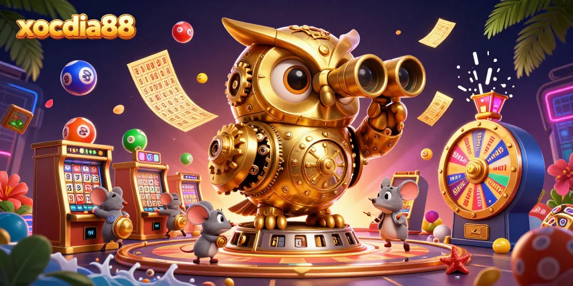 xocdia88's vibrant casino scene showcases a clockwork owl, lively games, and dynamic lottery elements.